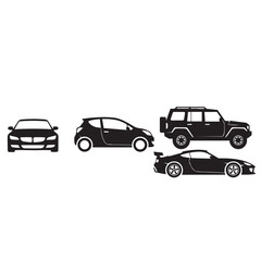 Obraz premium Car vehicle silhouette icon collection. Includes sedan, hatchback, SUV, and sports car symbols. Created in solid black flat style with monochrome palette.