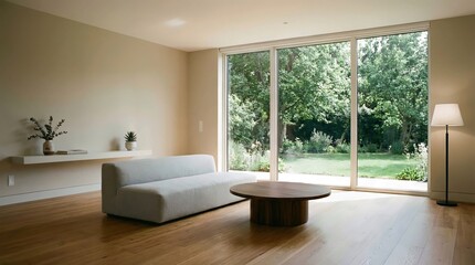 Obraz premium Modern living room with comfortable couch and large window overlooking green garden