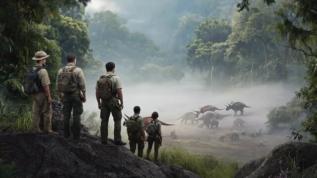 Group of explorers discovering a world with dinosaurs.