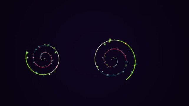 Spiral patterns on a dark background with neon lights and swirling shapes