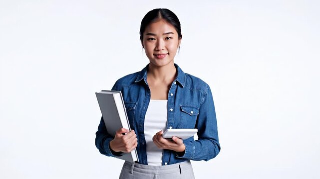 Young Asian woman holding a folder and calculator against white background. She transitions from confusion to a confident smile. Suitable for educational or financial services advertising.
