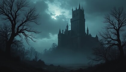 Fototapeta premium Dark medieval castle looms in misty fog under stormy clouds. Bare trees frame gothic fortress, creating eerie atmosphere. Dramatic, spooky scene.