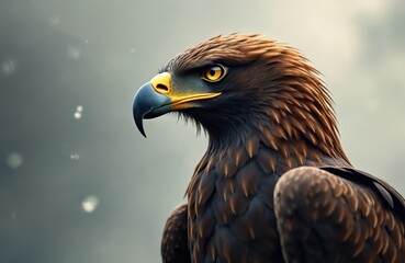 Obraz premium Majestic golden eagle with yellow eyes and sharp beak perched against soft grey sky. Bird of prey shows intense stare, wild nature symbol. Its brown feathers detailed.