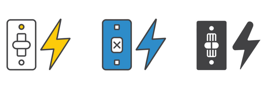 Circuit breaker icon set, multi style various collection featuring electrical switch, safety disconnect