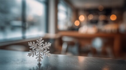 Snowflake Rests Quietly on a Cold Metal Surface Beside a Warm, Blurred Interior in a Cozy Atmosphere on a Winter Day