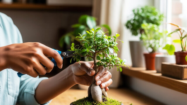 African-American woman trimming bonsai tree in kitchen plant nook, precision gardening and indoor horticulture