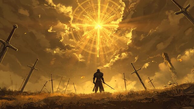 Anime-style warrior stands amidst swords under glowing celestial map