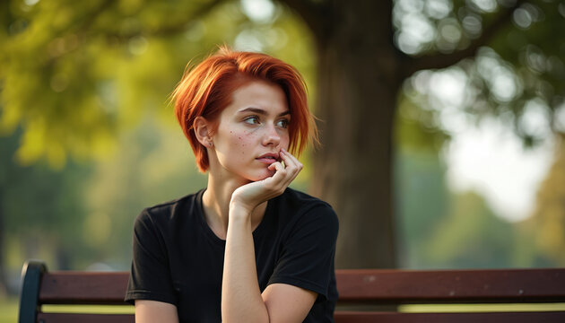 Red haired young woman sits on park bench in thoughtful pose. Female with freckles looks away, lost in thought, resting chin on hand. Blurred green trees create outdoor portrait background with