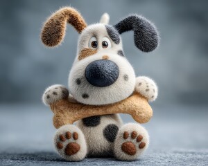 Cartoon dog holding bone, Adorable 3D Rendered Puppy Holding a Bone