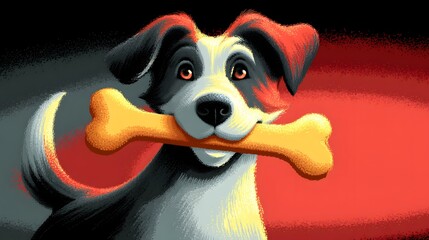 Cartoon dog holding bone, Playful Dog Holding Large Bone in Mouth