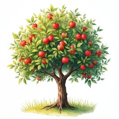 Fototapeta premium Watercolor illustration of ripe red apples on tree branches. Green leaves surround fruit. Tree trunk and grass detail. White background isolates nature scene.