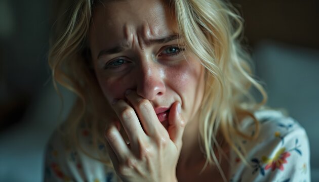 Blond woman cries intensely covering mouth with hand. Her face shows deep sadness and anguish. Eyes are red. She seems distressed and alone indoors. Close up.
