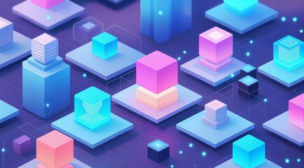 Obraz premium Blockchain Data Network Technology Isometric Illustration. Decentralized digital infrastructure cloud computing cybersecurity fintech innovation concept.