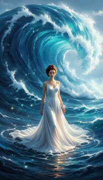 An ethereal woman stands gracefully in tranquil waters, her flowing white dress draped elegantly around her, surrounded by the powerful majesty of a towering, curling ocean wave. The deep blue and tur