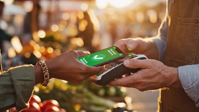 A person uses a smartphone for a contactless payment at an outdoor market stall. Modern technology simplifies daily transactions in a warm sunset setting. Ideal for retail and fintech content.