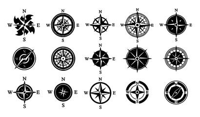 Navigational compass vector icon set wind rose symbols