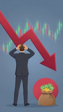 Businessman Holding Head with Falling Stock Market Arrow Representing Financial Crisis, Economic Recession and Investment Loss in Trading, Global Economy Analysis, Business Flat Illustration, Vertical