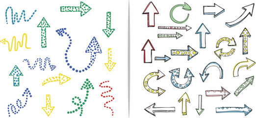 Obraz premium A diverse collection of hand-drawn vector arrows featuring colorful dotted paths, solid outlines, and sketchy textures in various shapes like curves, loops, and straight lines.