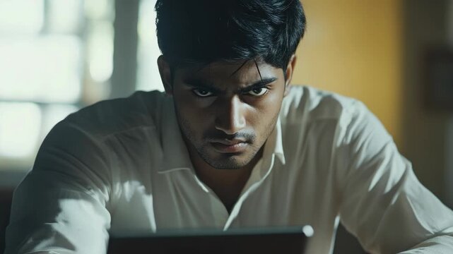 Man looking suspiciously at computer monitor