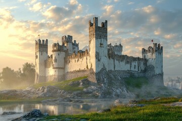 Fototapeta premium Majestic castle standing on rocky terrain under dramatic sky at sunrise near water