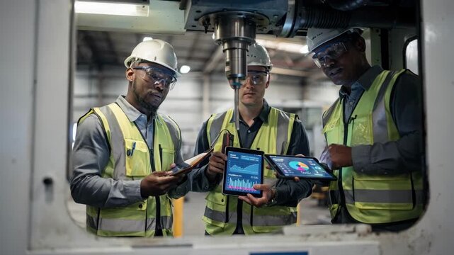 Medium shot of a maintenance crew examining a spindle monitoring device using tablets to analyze IoT sensor data for predictive machine care.