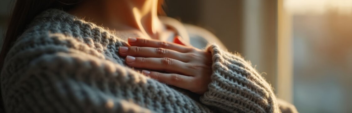 Woman holds hand to chest in moment of quiet reflection. Warm light, soft knit sweater evoke feelings of comfort and inner peace. Self-care and mindfulness.
