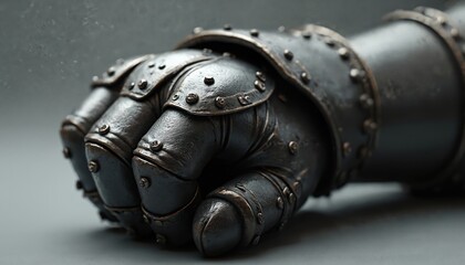 Clenched metal gauntlet with rivets rests on neutral background. This detailed armored hand shows texture and wear, suggesting medieval or fantasy combat. Powerful fist implies strength and defense.