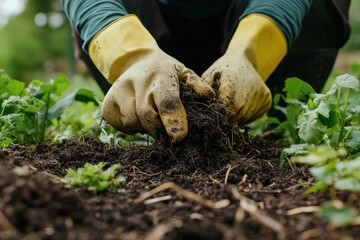 Fototapeta premium Family works together in garden to enrich soil and plant vegetables in bright outdoor setting