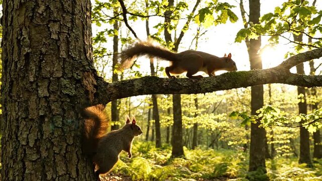 Two brown squirrels on a tree branch and trunk in a sunny forest with green foliage. Perfect for wildlife illustrations, nature backgrounds, and educational materials.