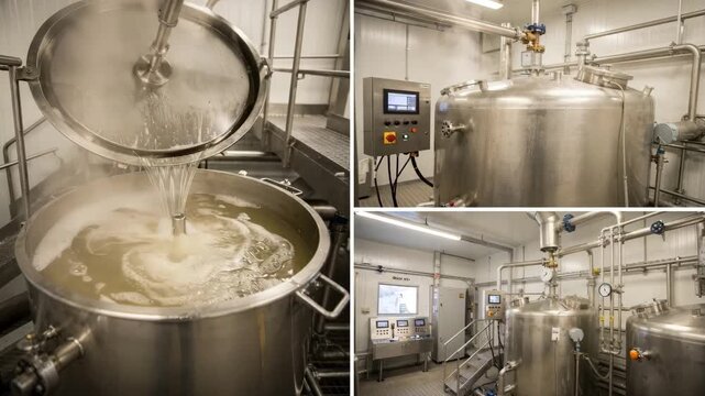Medium shot of an open kettle sugar dissolution area showing clear syrup being stirred as crystalline sugar melts in a traditional industrial setup. Medium shot inside a kettle