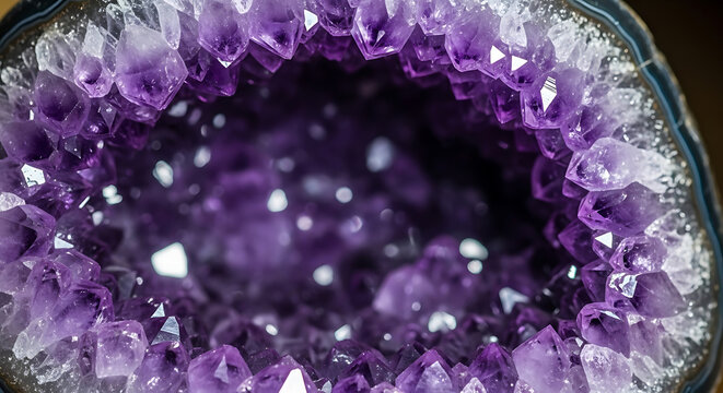 Close-up of purple amethyst geode crystals, natural sparkling mineral formation, abstract texture, geological wonder, vibrant colors and facets