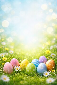 Colorful Easter eggs with floral patterns on fresh spring grass field and daisies, vertical background view