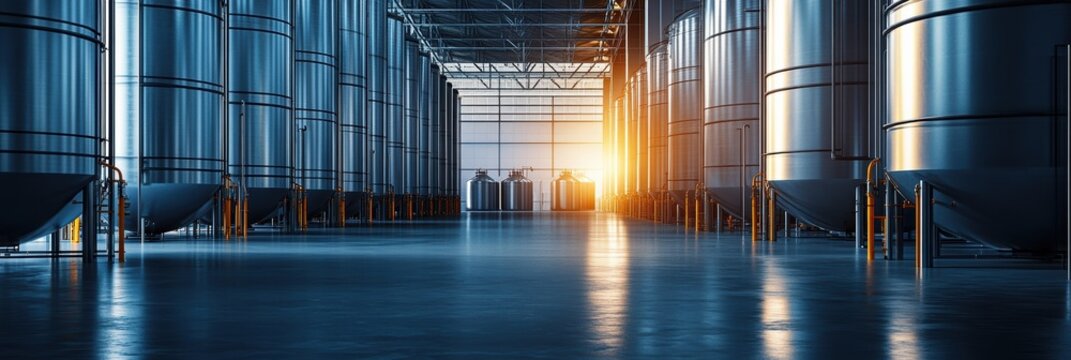 Chemical storage tanks arranged in a warehouse during sunset with minimal design in 8K resolution