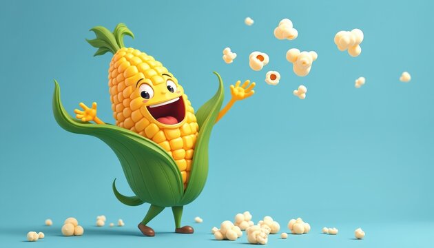 Happy corn character jumps and throws popcorn kernels in air. Yellow cartoon maize with green leaves smiles joyfully. Isolated food illustration on blue background.