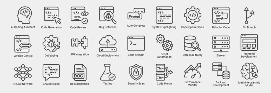 AI Coding Assistant Outline Icon Set. Line icons of AI Coding Assistant, Code Generation, Code Review, Bug Detection, Auto Complete, Code Optimization, Refactor Code, Debugging, and more.