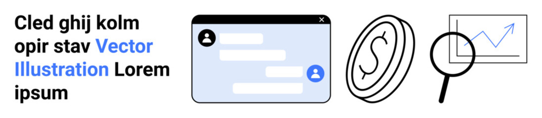 Obraz premium Communication tools, financial growth, online transactions, data analysis, business planning, digital economy. Chat interface with user avatars, currency symbol, chart with growth arrow magnifying