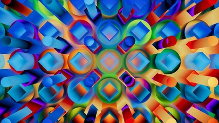 Abstract multicolored background. Neon geometric kaleidoscope in glowing rainbow hues. 3D render...