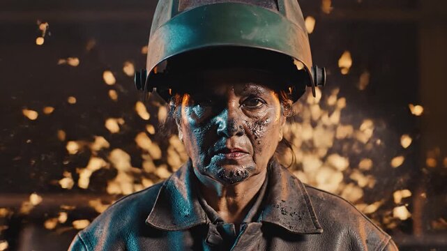 Female welder lifts helmet revealing face covered in grime. Industrial sparks fly behind her in dark workshop. Great for labor rights and workplace diversity content.
