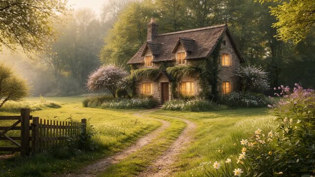 Cozy countryside cottage with garden and warm evening light in peaceful rural landscape scene
