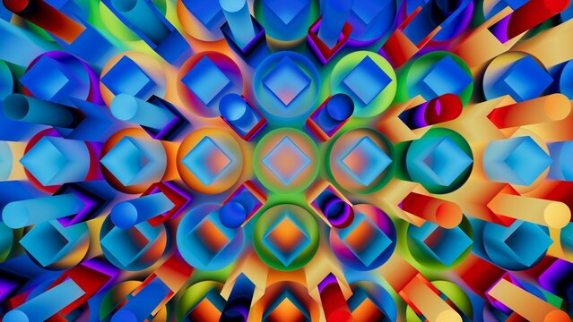 Abstract multicolored background. Neon geometric kaleidoscope in glowing rainbow hues. 3D render illustration.