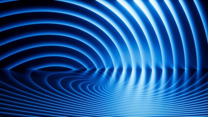 Abstract neon light background. Multiple blue laser waves form a radiating mesh of concentric stripes, producing a vibrant sci-fi backdrop with energy and depth. 3d render illustration.