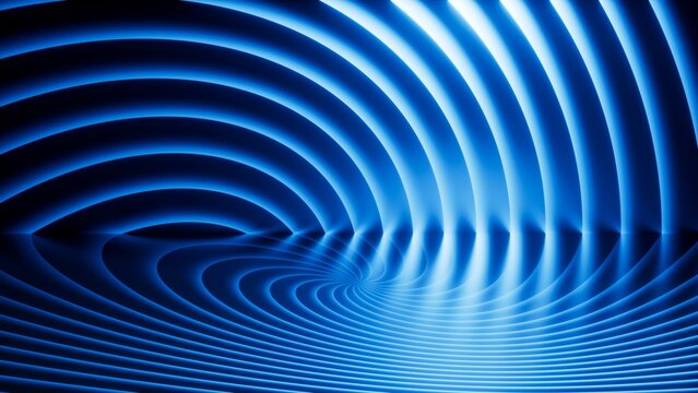 Abstract neon light background. Multiple blue laser waves form a radiating mesh of concentric stripes, producing a vibrant sci-fi backdrop with energy and depth. 3d render illustration.