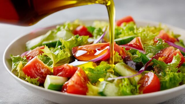 Fresh vegetable salad with olive oil dressing poured over tomato and lettuce in healthy bowl