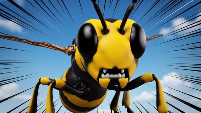 An intense yellow and black cartoon wasp charges aggressively in a dynamic 3d close-up against a blue sky.