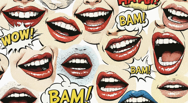 comic book lips, pop art style, expression, speech bubbles