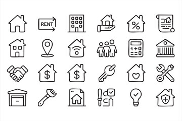 Fototapeta premium Modern Housing Outline Icons for Construction and Insurance Projects