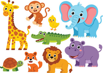 Obraz premium Colorful cartoon animals including giraffe monkey crocodile elephant fox lion and hippo