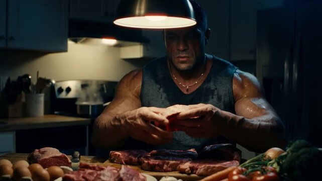 Brutal muscular bodybuilder sitting at kitchen table examining large pile of fresh raw meat steaks for high protein sport nutrition and healthy carnivore diet lifestyle concept