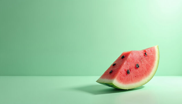 Juicy watermelon slice rests on mint green surface. Bright studio light creates soft shadow. Refreshing summer fruit, vibrant color, healthy hydration.