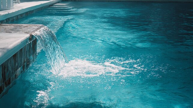 A serene pool with a small waterfall feature on the side, creating a soothing ambiance